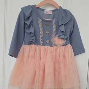 Adorable Ruffle Dress in Blue and Peach
